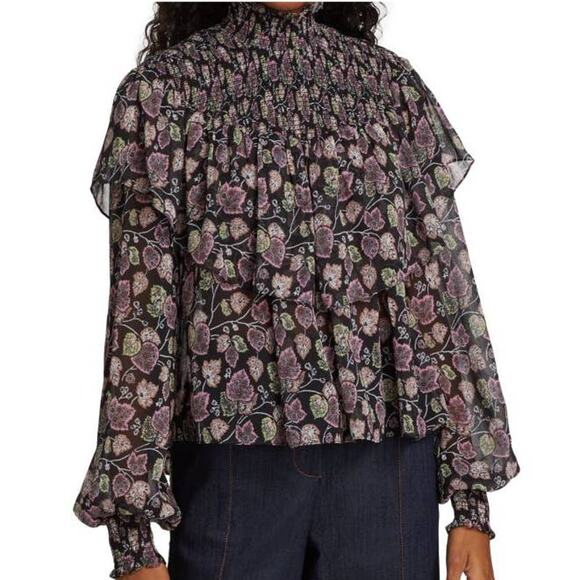 Cinq a Sept NWT Drew Georgette Floral Top Size M Smocked Bodice & Cuff Mock Neck - Picture 1 of 9
